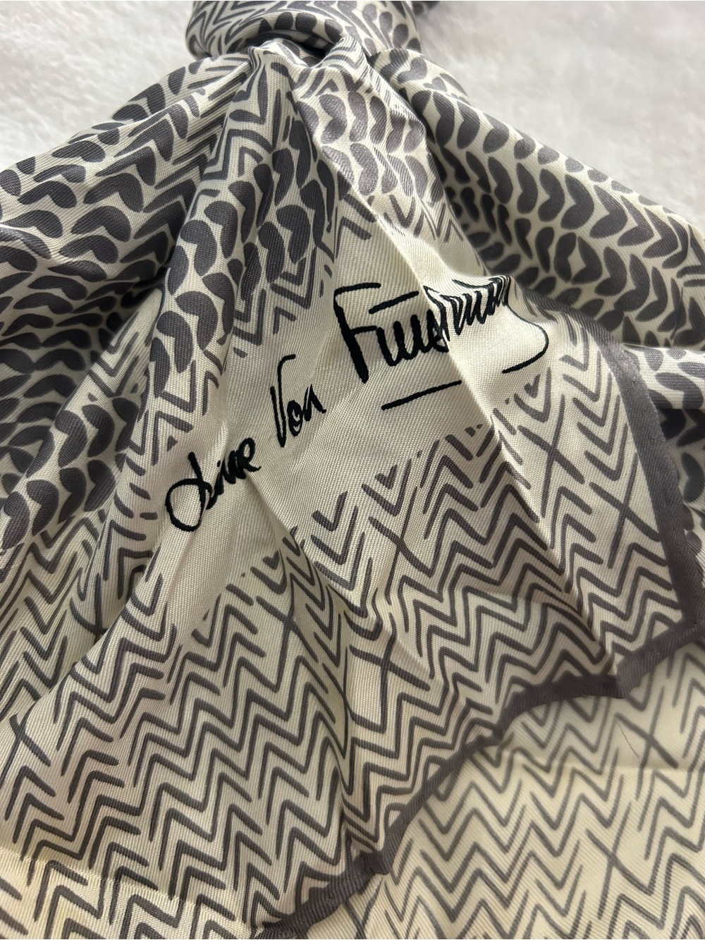 Diane Von Furstenberg Cream and Gray Patterned Silk Scarf